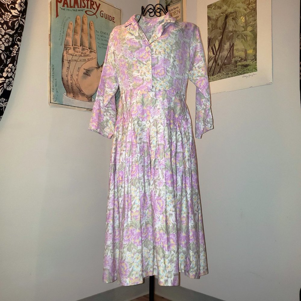 SOLD Vtg 1950s Cotton Floral Violet Shirt Dress Swing Full Pleated Midi Mad Men